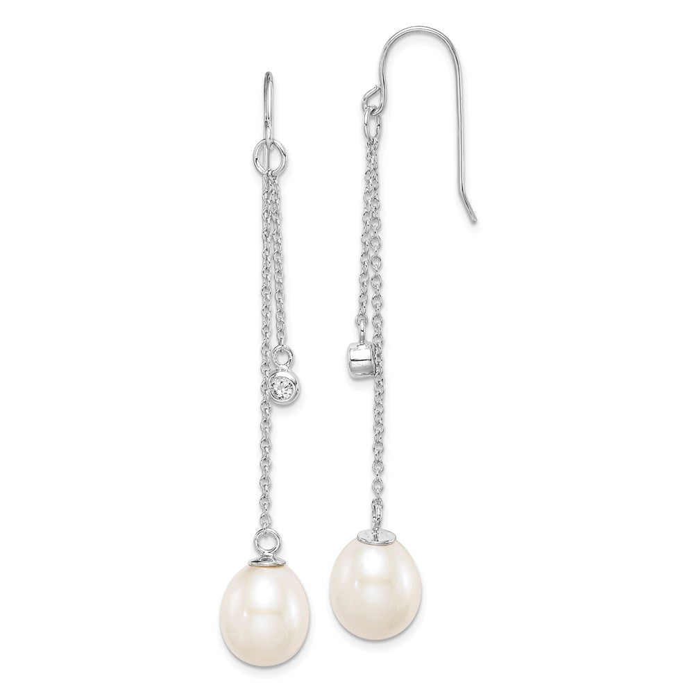 QE15396 Sterling Silver Rhodium-plated 9-10mm White Teardrop Freshwater Cultured Pearl and CZ Dangle Earrings
