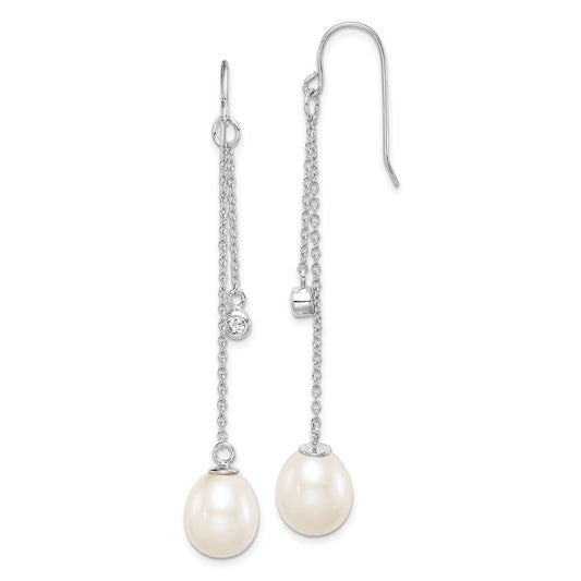 QE15396 Sterling Silver Rhodium-plated 9-10mm White Teardrop Freshwater Cultured Pearl and CZ Dangle Earrings
