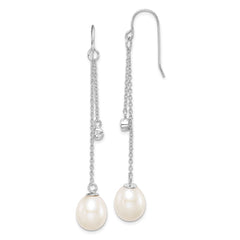 QE15396 Sterling Silver Rhodium-plated 9-10mm White Teardrop Freshwater Cultured Pearl and CZ Dangle Earrings