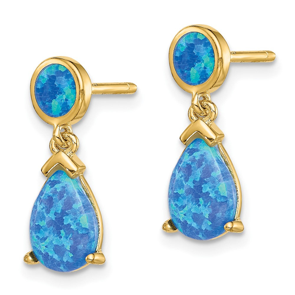 QE15397 Sterling Silver Gold-tone Created Blue Opal Teardrop Post Dangle Earrings