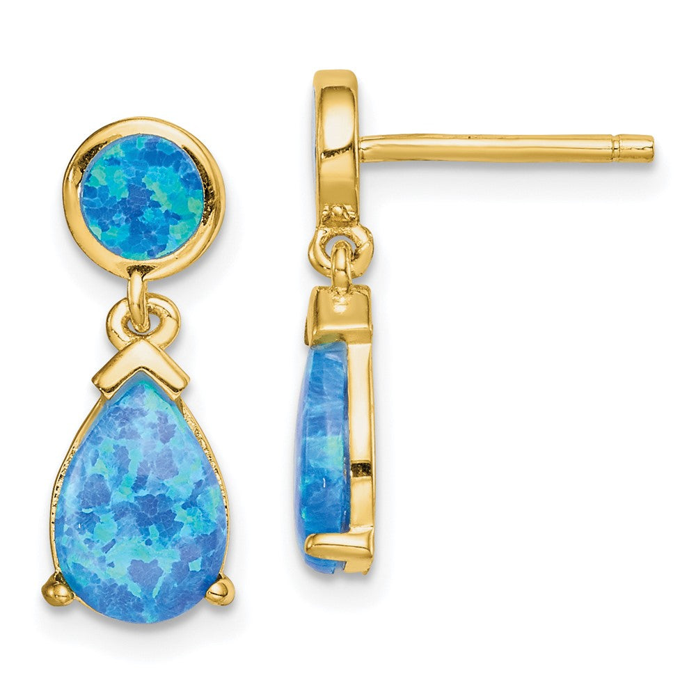 QE15397 Sterling Silver Gold-tone Created Blue Opal Teardrop Post Dangle Earrings