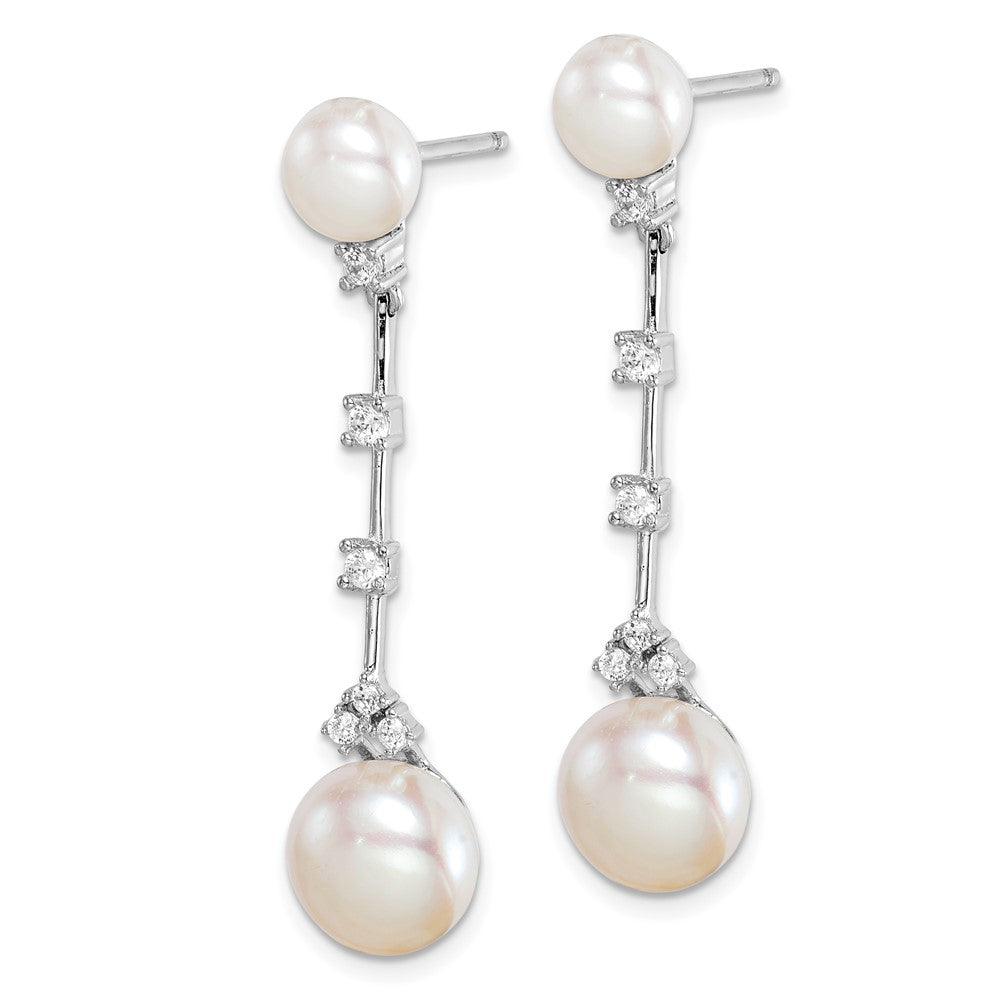 QE15402 Sterling Silver Rhodium-plated CZ FWC Button Pearl Dangle Post Earrings