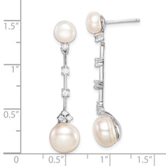 QE15402 Sterling Silver Rhodium-plated CZ FWC Button Pearl Dangle Post Earrings