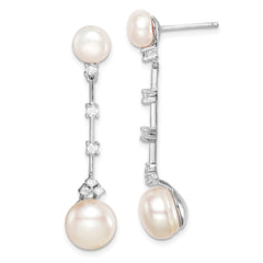QE15402 Sterling Silver Rhodium-plated CZ FWC Button Pearl Dangle Post Earrings