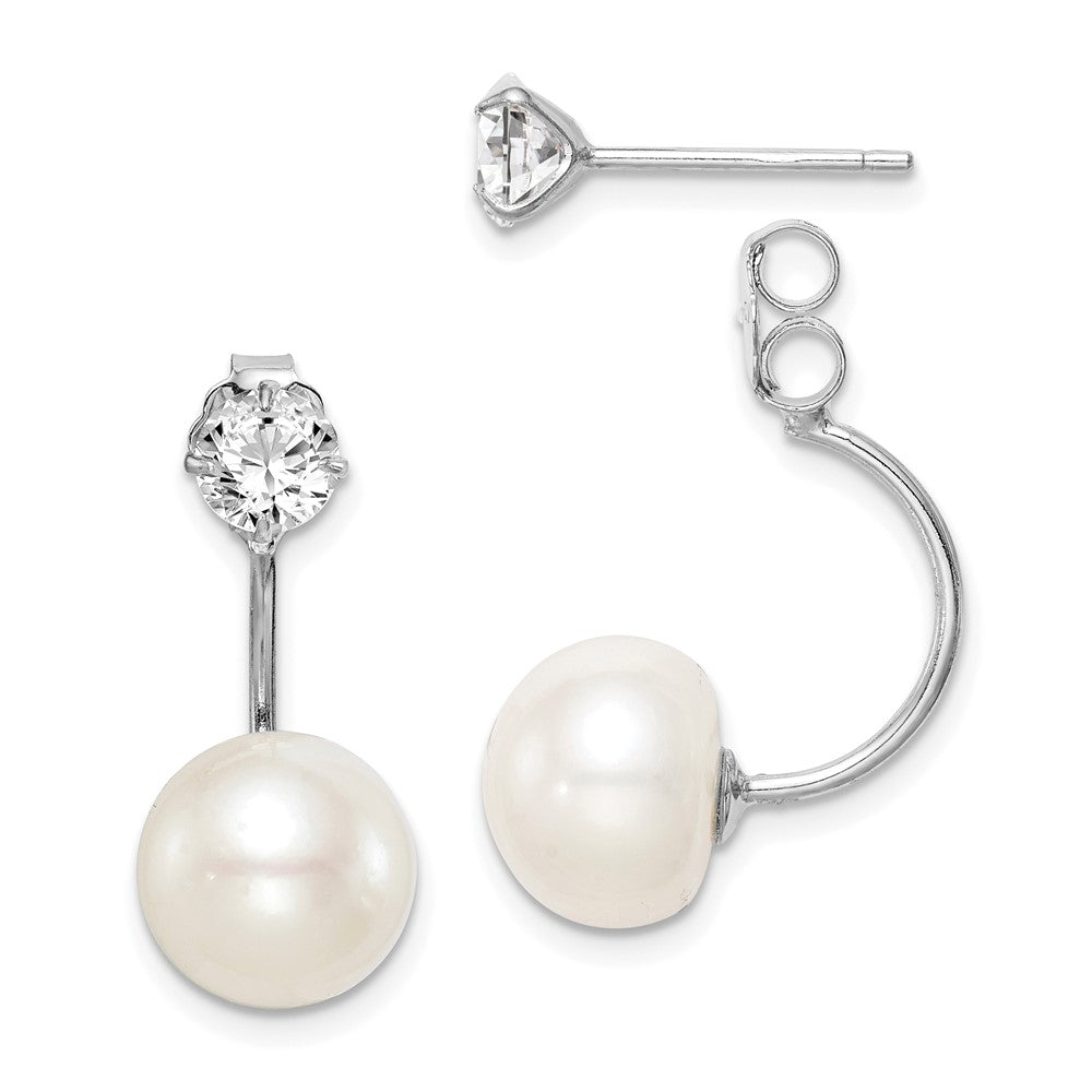 QE15408 Sterling Silver Rhodium-plated 9-10mm White Button Freshwater Cultured Pearl and CZ Front and Back Post Dangle Earrings
