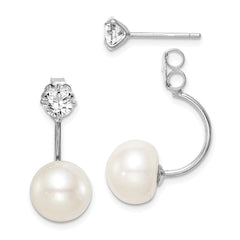 QE15408 Sterling Silver Rhodium-plated 9-10mm White Button Freshwater Cultured Pearl and CZ Front and Back Post Dangle Earrings