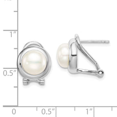 QE15417 Sterling Silver Rhodium-plated 8-9mm White Button Freshwater Cultured Pearl Omega Back Earrings