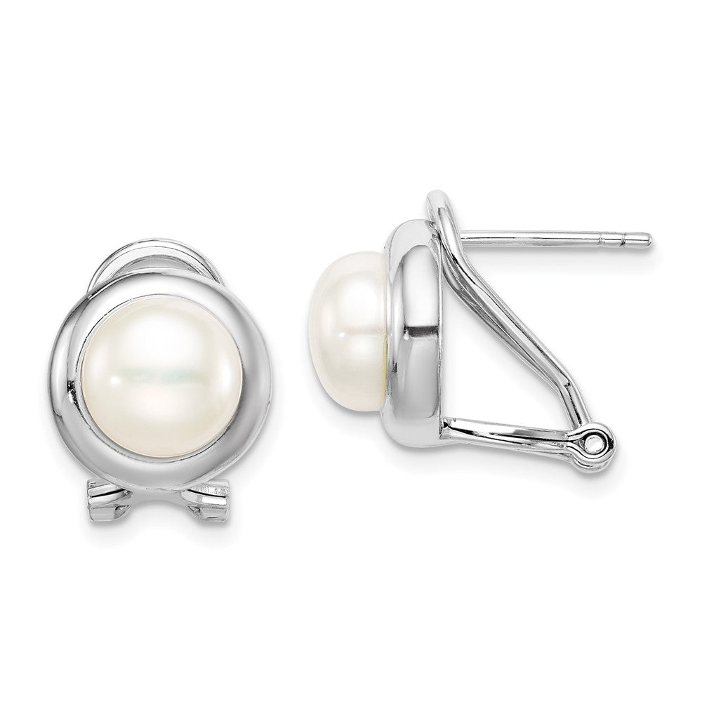 QE15417 Sterling Silver Rhodium-plated 8-9mm White Button Freshwater Cultured Pearl Omega Back Earrings