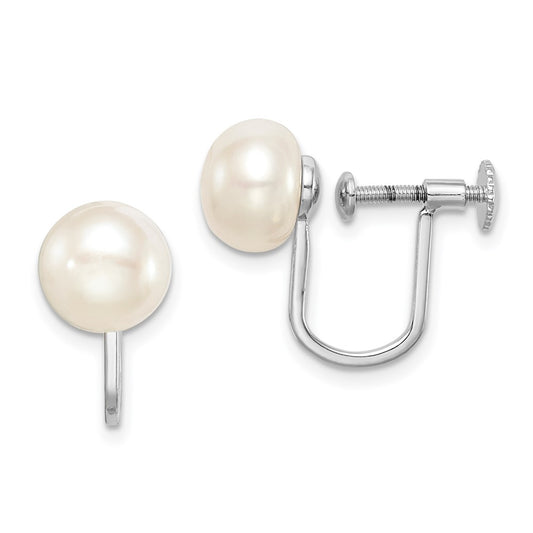 QE15420 Sterling Silver Rhodium-plated 8-9mm White Button Freshwater Cultured Pearl Non Pierced Earrings