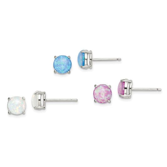 QE15432SET Sterling Silver Polished Pink, White & Blue 7mm Round Created Opal 3 Pair Set of Stud Earrings
