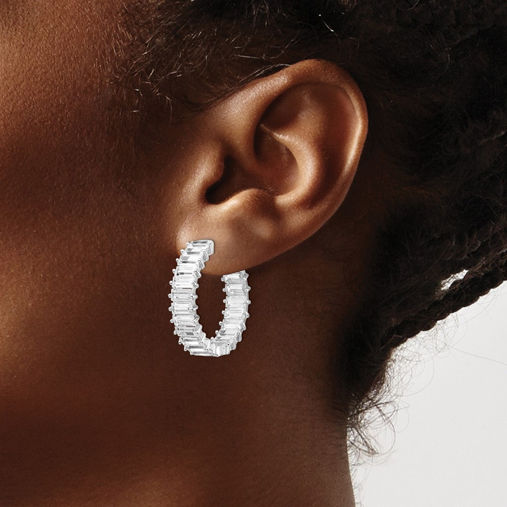 QE15441 Sterling Shimmer Sterling Silver Rhodium-plated 40 Stone 2.5x5mm CZ In and Out Round Hinged Hoop Earrings