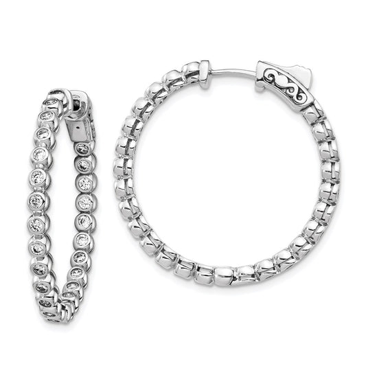 QE15446 Sterling Shimmer Sterling Silver Rhodium-plated 50 Stone 1.7mm CZ In and Out Round Hinged Hoop Earrings