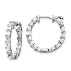 QE15449 Sterling Shimmer Sterling Silver Rhodium-plated 26 Stone 2x4mm CZ In and Out Round Hinged Hoop Earrings