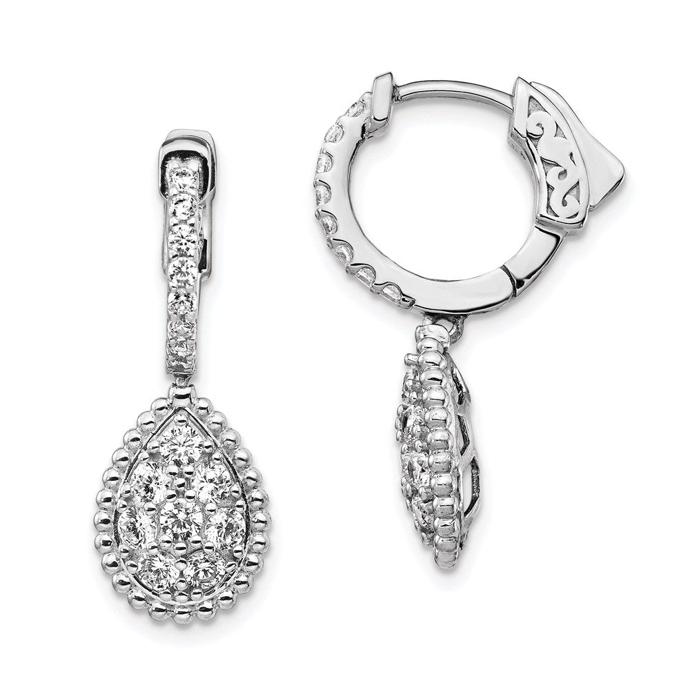 QE15452 Sterling Shimmer Sterling Silver Rhodium-plated 30 Stone CZ Teardrop Dangle Hinged Hoop Earrings