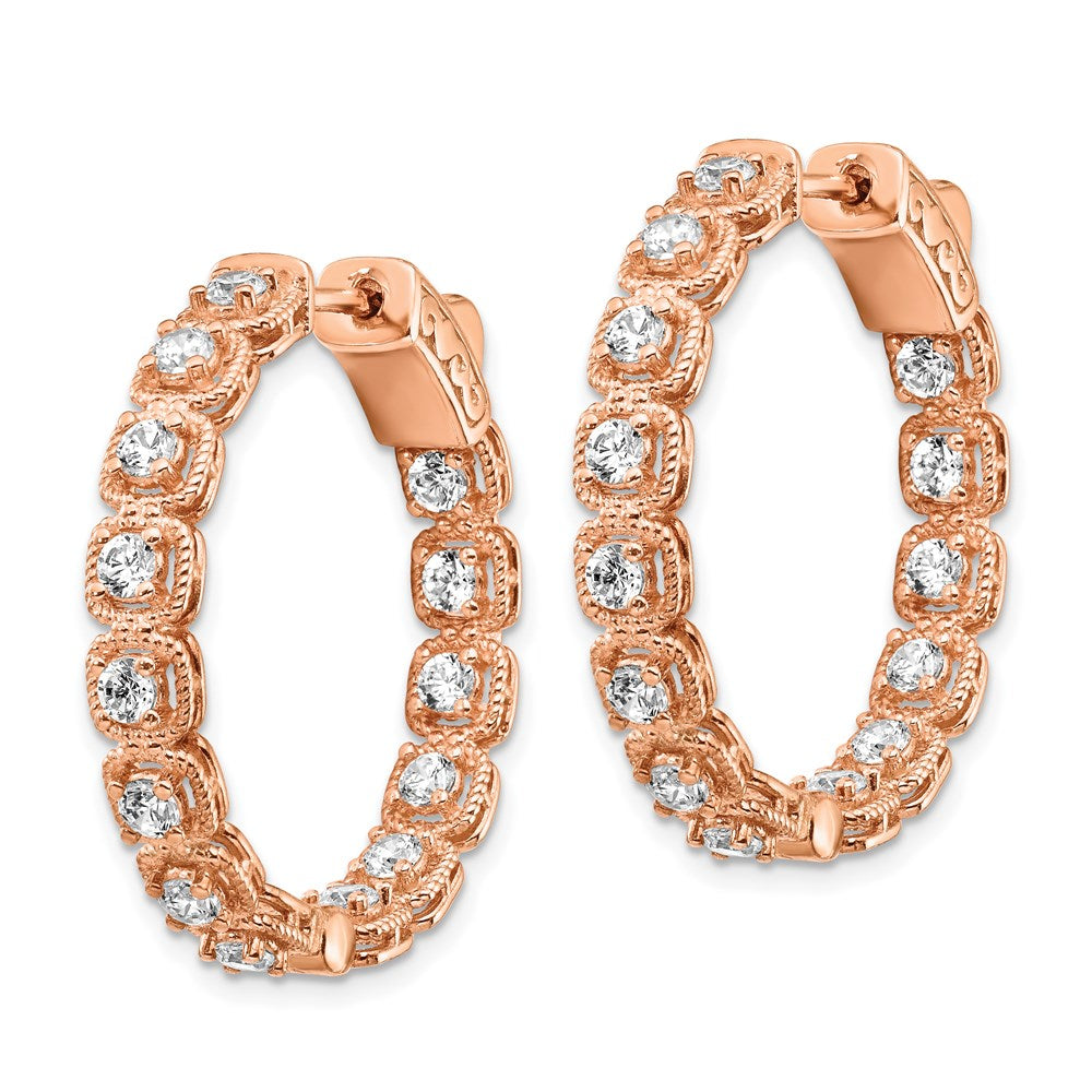 QE15456 Sterling Shimmer Sterling Silver Rose-tone Rose Flash Gold-plated 28 Stone 2.5mm CZ In and Out Round Hinged Hoop Earrings