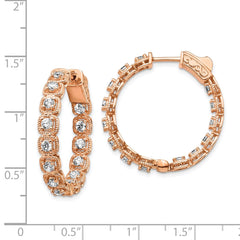 QE15456 Sterling Shimmer Sterling Silver Rose-tone Rose Flash Gold-plated 28 Stone 2.5mm CZ In and Out Round Hinged Hoop Earrings