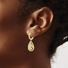 QE15458 Sterling Shimmer Sterling Silver Gold-tone Flash Gold-plated 126 Stone CZ Teardrop Dangle Hinged Hoop Earrings