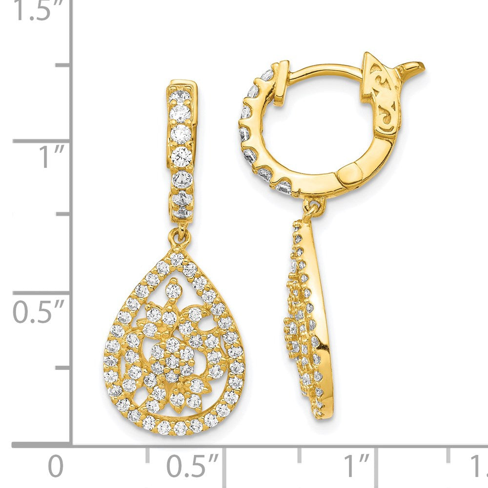 QE15458 Sterling Shimmer Sterling Silver Gold-tone Flash Gold-plated 126 Stone CZ Teardrop Dangle Hinged Hoop Earrings