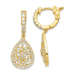 QE15458 Sterling Shimmer Sterling Silver Gold-tone Flash Gold-plated 126 Stone CZ Teardrop Dangle Hinged Hoop Earrings