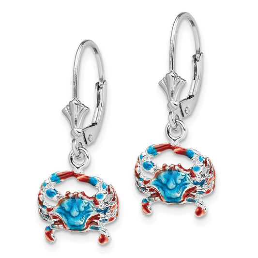 QE15532 De-Ani Sterling Silver Rhodium-Plated Enameled Blue Crab Leverback Earrings
