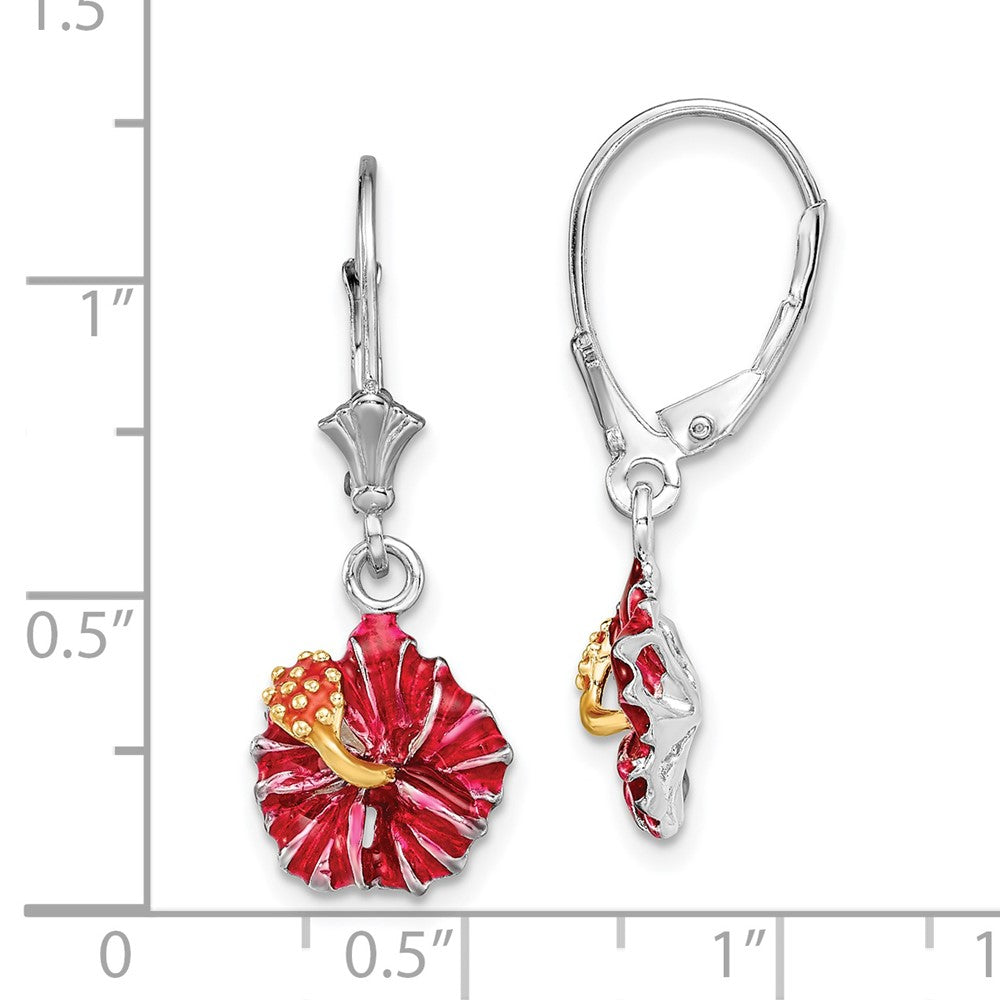 QE15533 De-Ani Sterling Silver Rhodium-Plated Enameled Red Hibiscus Leverback Earrings