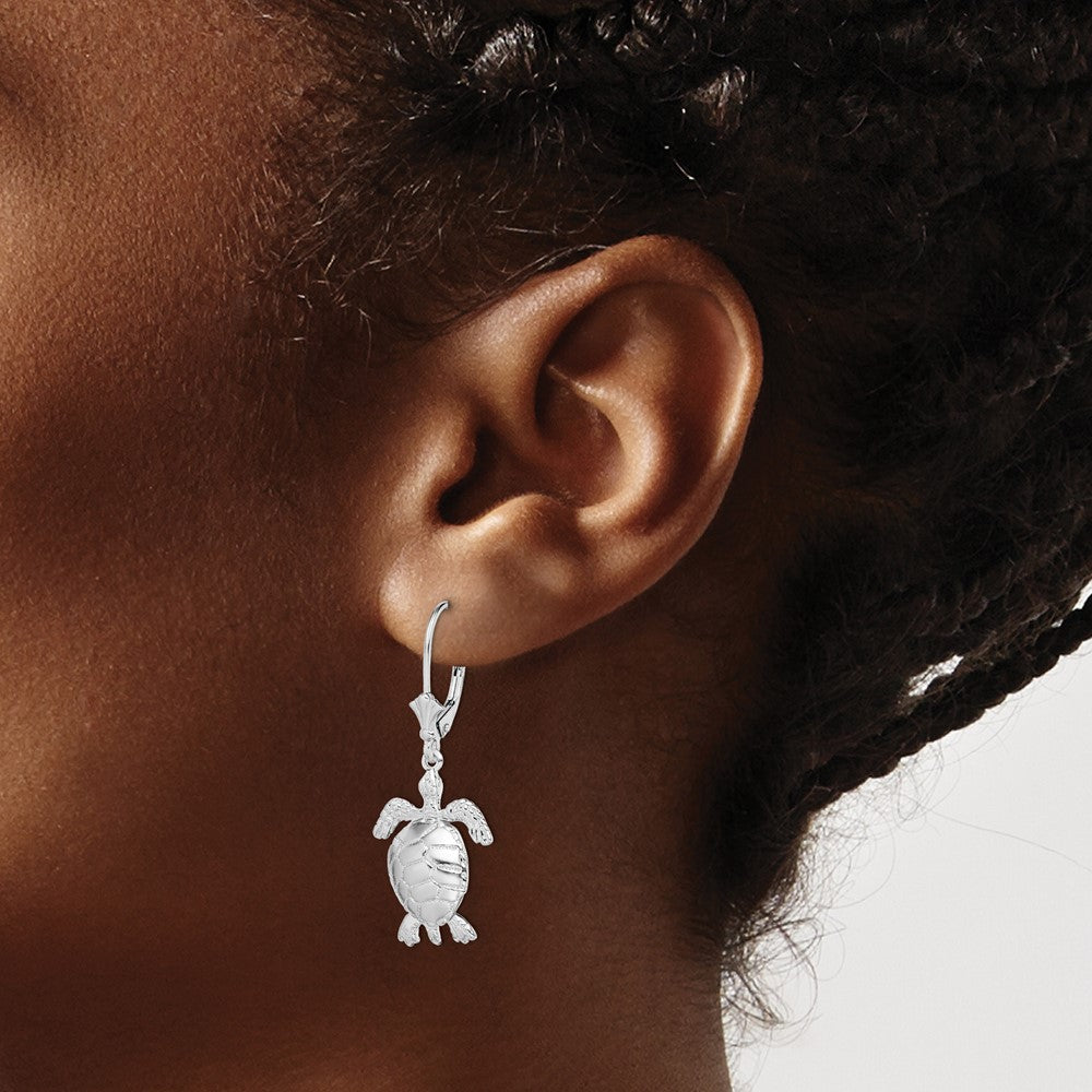 QE15564 De-Ani Sterling Silver Rhodium-plated Polished 3D Moveable Turtle Leverback Earrings