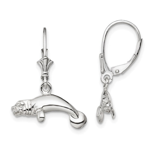 QE15583 De-Ani Sterling Silver Rhodium-Plated Polished 3D Manatee Leverback Earrings