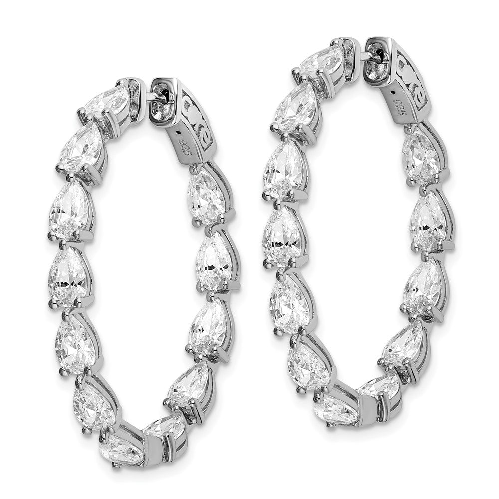 QE15617 Sterling Shimmer Sterling Silver Rhodium-plated 24 Stone Pear Shaped CZ Fancy In and Out Oval Hinged Hoop Earrings