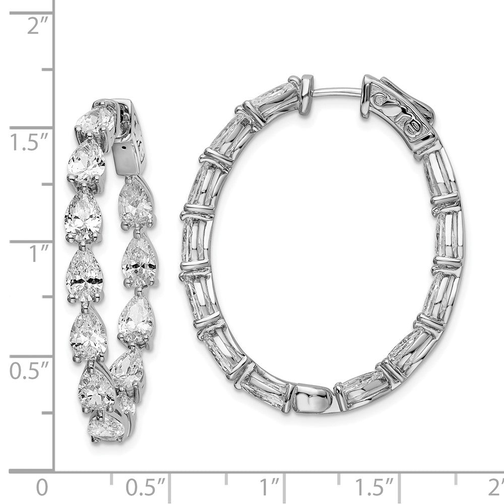 QE15617 Sterling Shimmer Sterling Silver Rhodium-plated 24 Stone Pear Shaped CZ Fancy In and Out Oval Hinged Hoop Earrings
