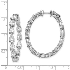 QE15617 Sterling Shimmer Sterling Silver Rhodium-plated 24 Stone Pear Shaped CZ Fancy In and Out Oval Hinged Hoop Earrings
