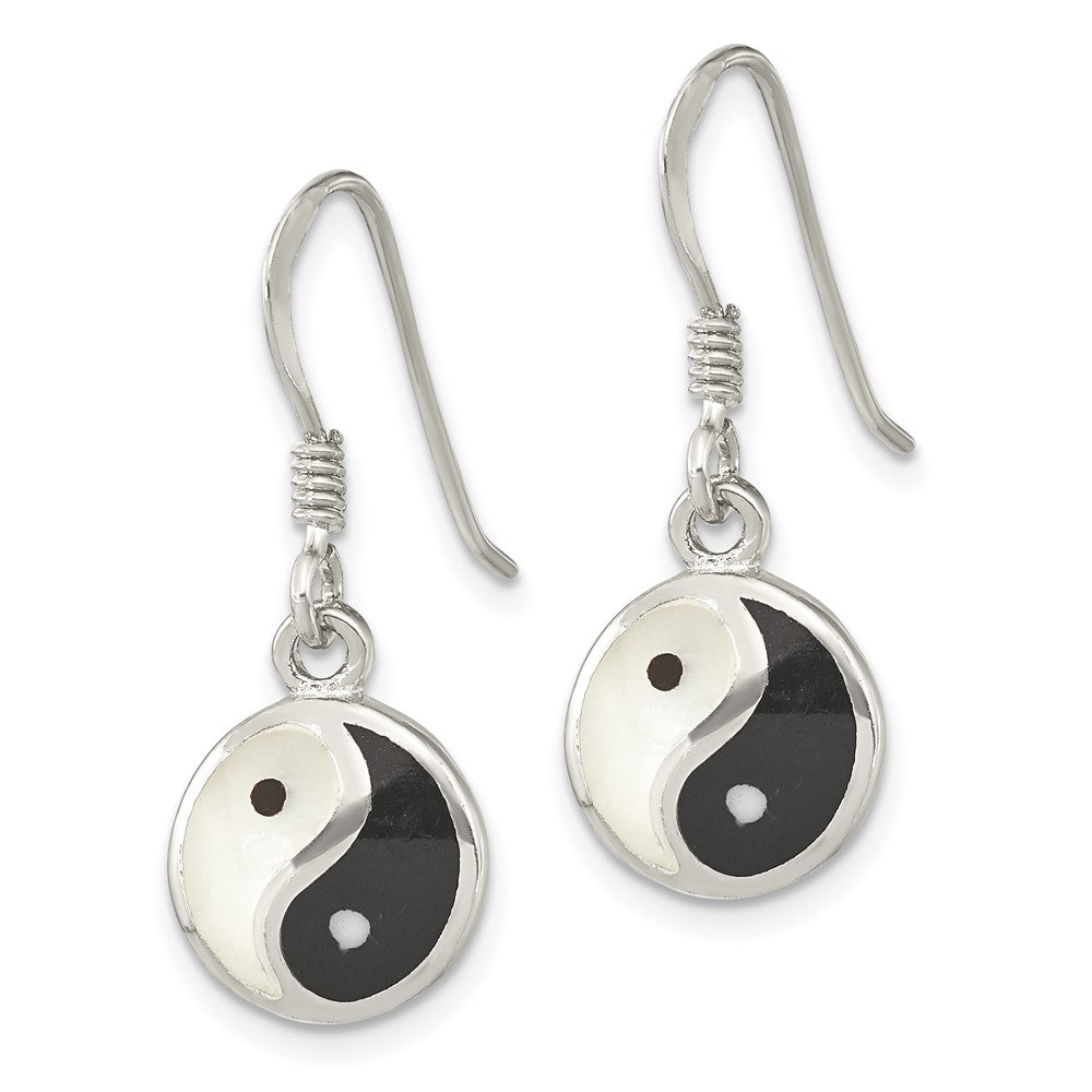 QE15661 Sterling Silver Rhod-pltd MOP/Black Resin Yin Yang Dangle Earrings