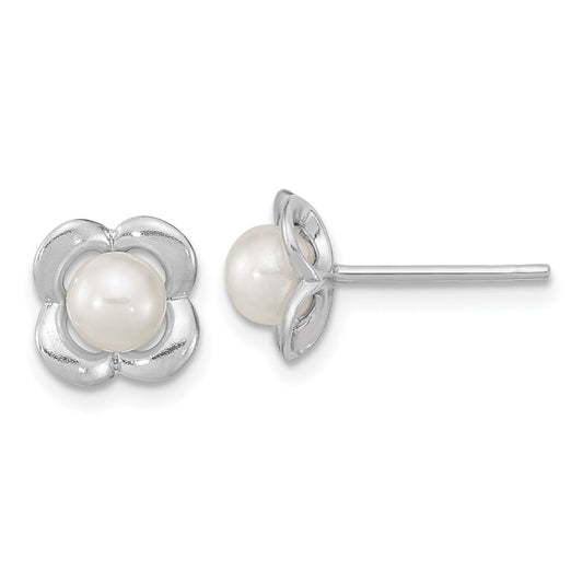 QE15731 Sterling Silver RH-plated Polished FWC Pearl Flower Post Earrings