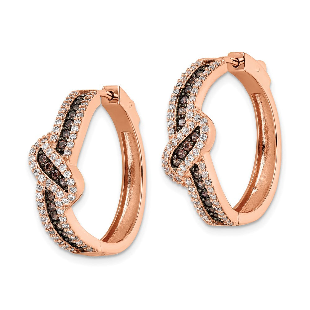 QE15740 Sterling Silver Rose-tone Blk Rhodium-plate CZ Fancy Hinged Hoop Earrings