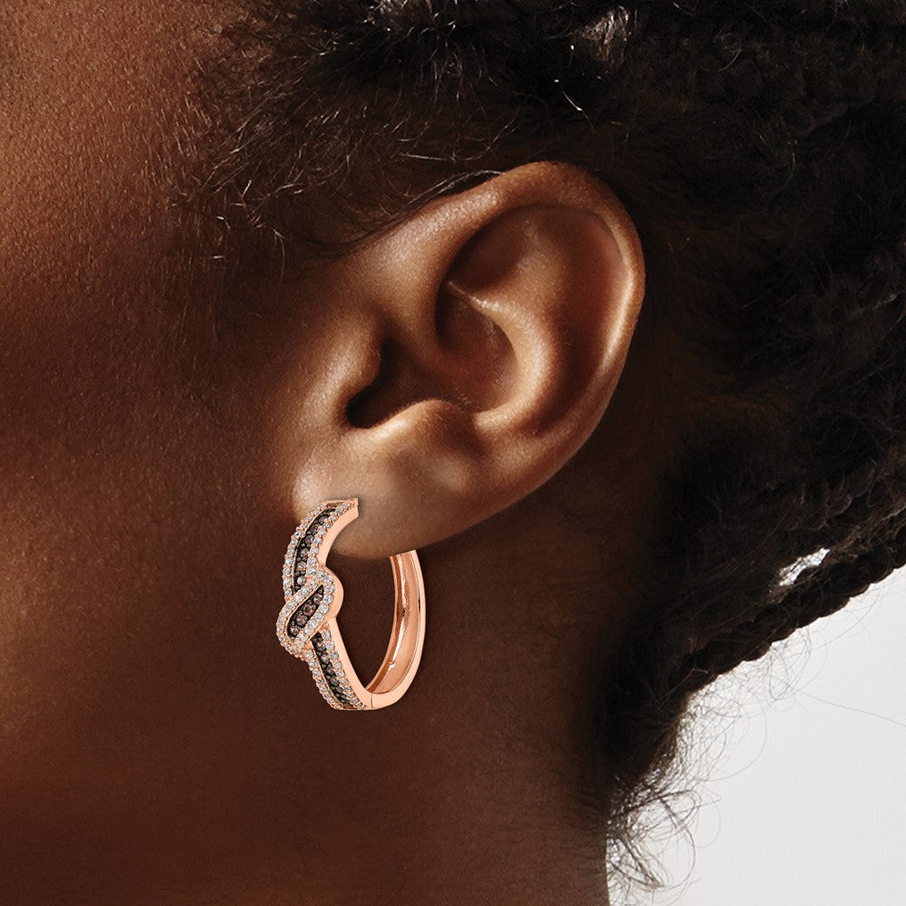 QE15740 Sterling Silver Rose-tone Blk Rhodium-plate CZ Fancy Hinged Hoop Earrings