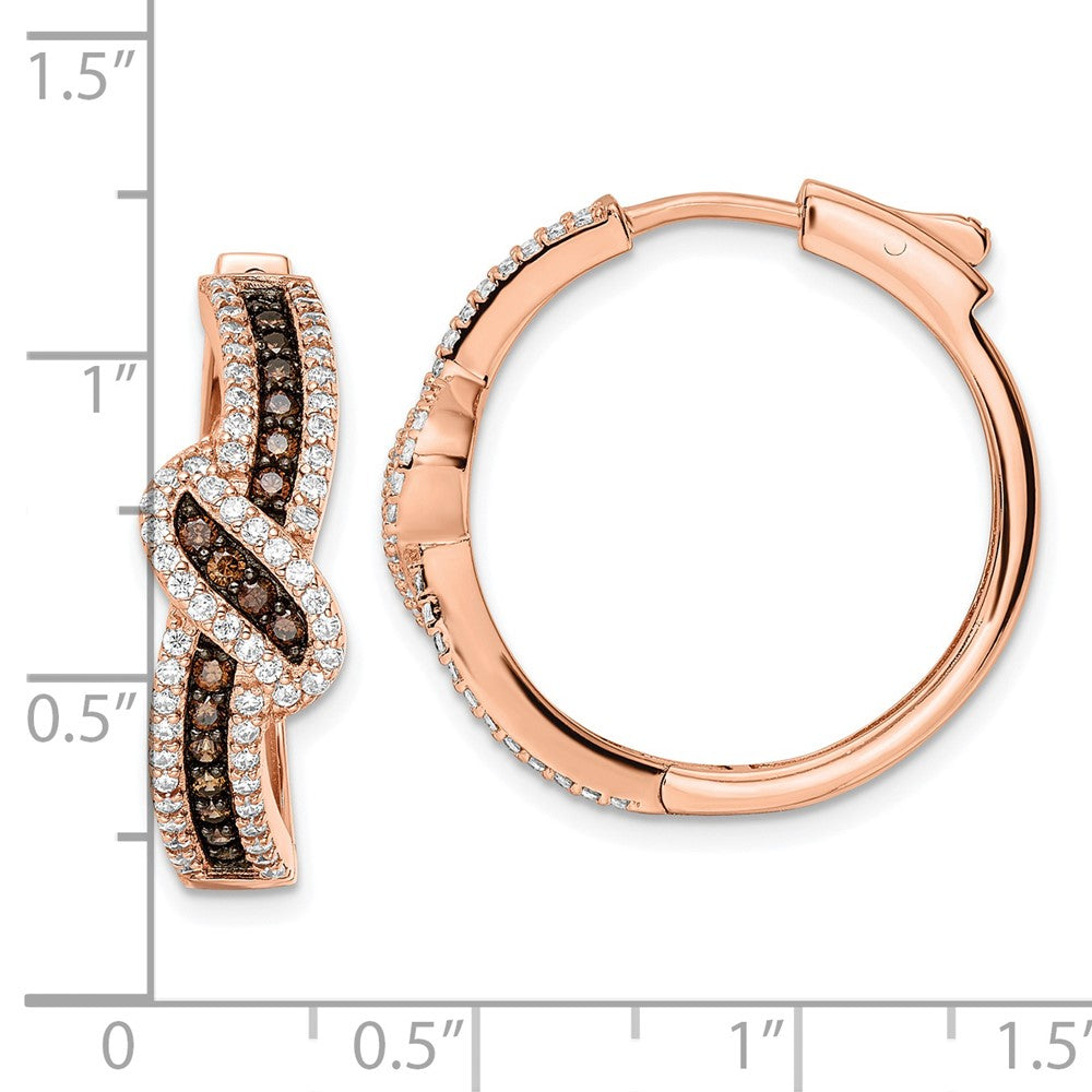 QE15740 Sterling Silver Rose-tone Blk Rhodium-plate CZ Fancy Hinged Hoop Earrings