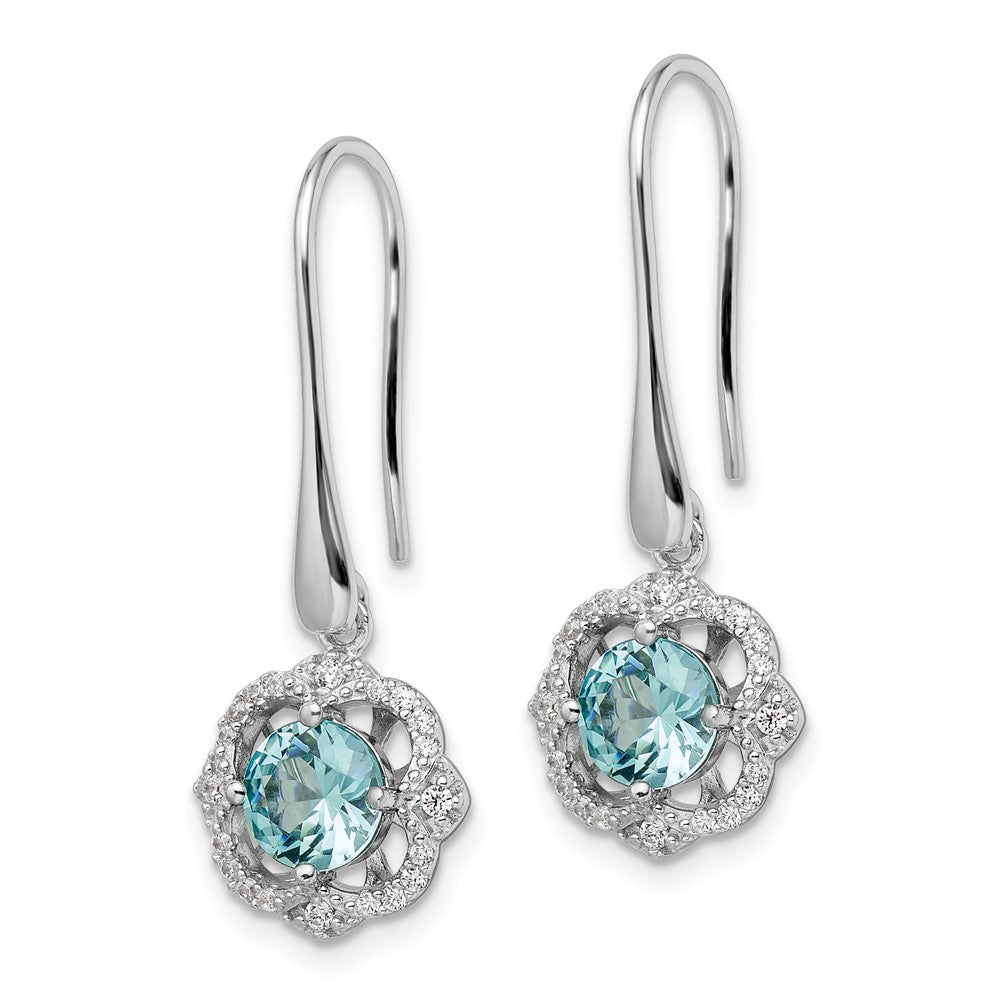 QE15748 Sterling Silver Rhodium plated Aqua & White CZ Dangle Earrings