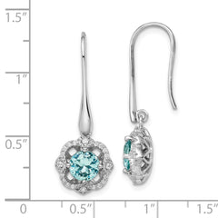 QE15748 Sterling Silver Rhodium plated Aqua & White CZ Dangle Earrings