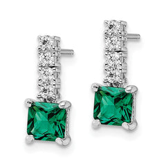 QE15757 Sterling Silver Polished Rhodium-plated Green/Clear CZ Post Dangle Earrings