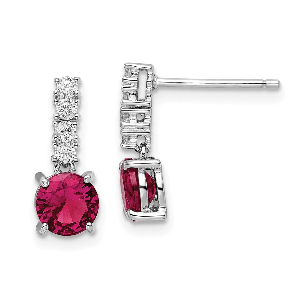 QE15758 Sterling Silver Rhodium-plated Created Ruby and CZ Post Dangle Earrings