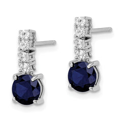 QE15759 Sterling Silver Polished Rhodium Cr. Blue Spinel and CZ Post Dangle Earring
