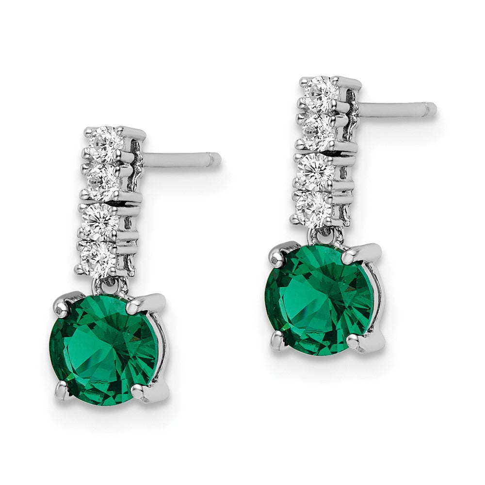 QE15760 Sterling Silver Polished Rhodium-plated Green/Clear CZ Post Dangle Earrings