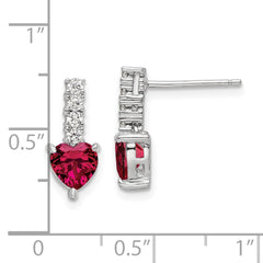 QE15761 Sterling Silver Polish Rhod-plated Created Ruby Heart Post Dangle Earrings