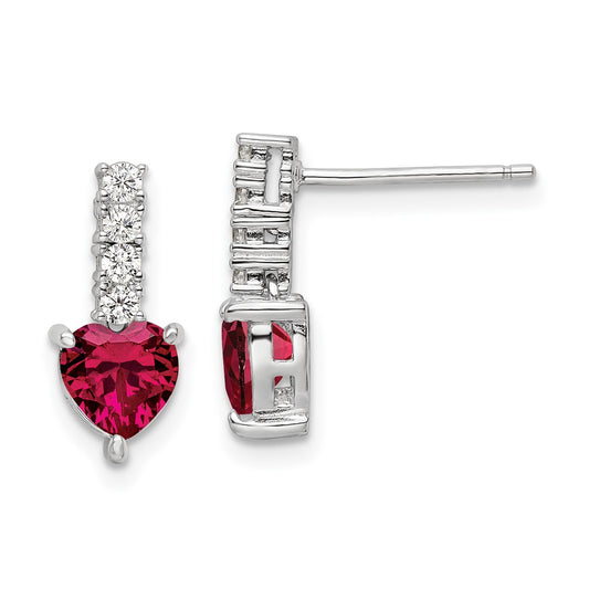 QE15761 Sterling Silver Polish Rhod-plated Created Ruby Heart Post Dangle Earrings