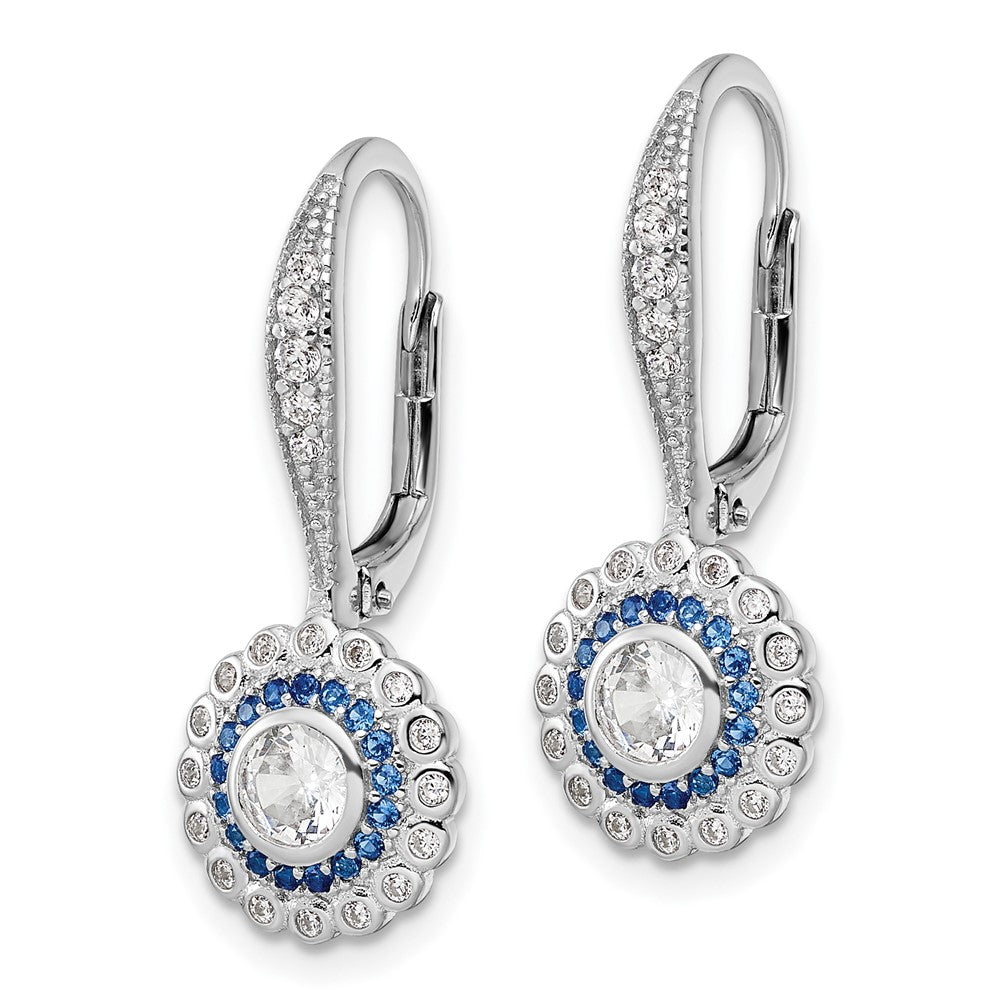 QE15766 Sterling Silver Rhodium-plated Polished Blue & White CZ Leverback Earrings
