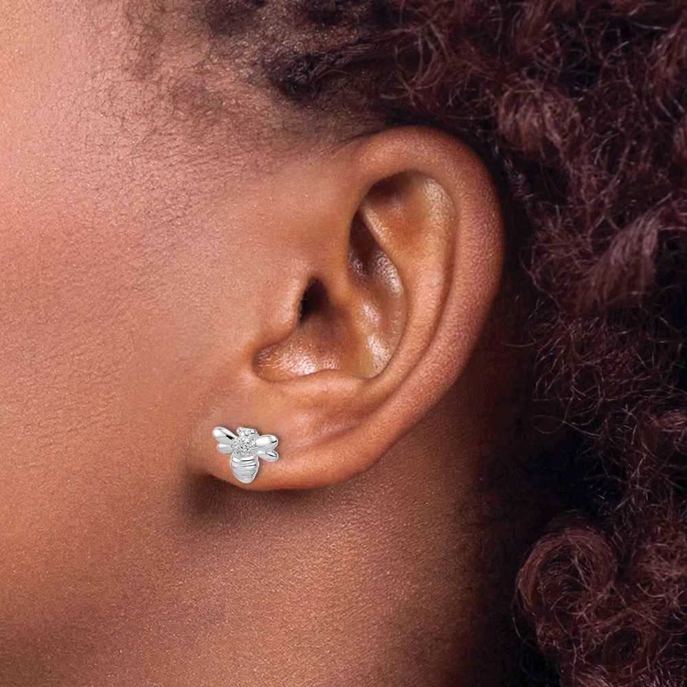 QE15780 Sterling Silver Rhodium-plated Polished CZ Bumble Bee Post Earrings