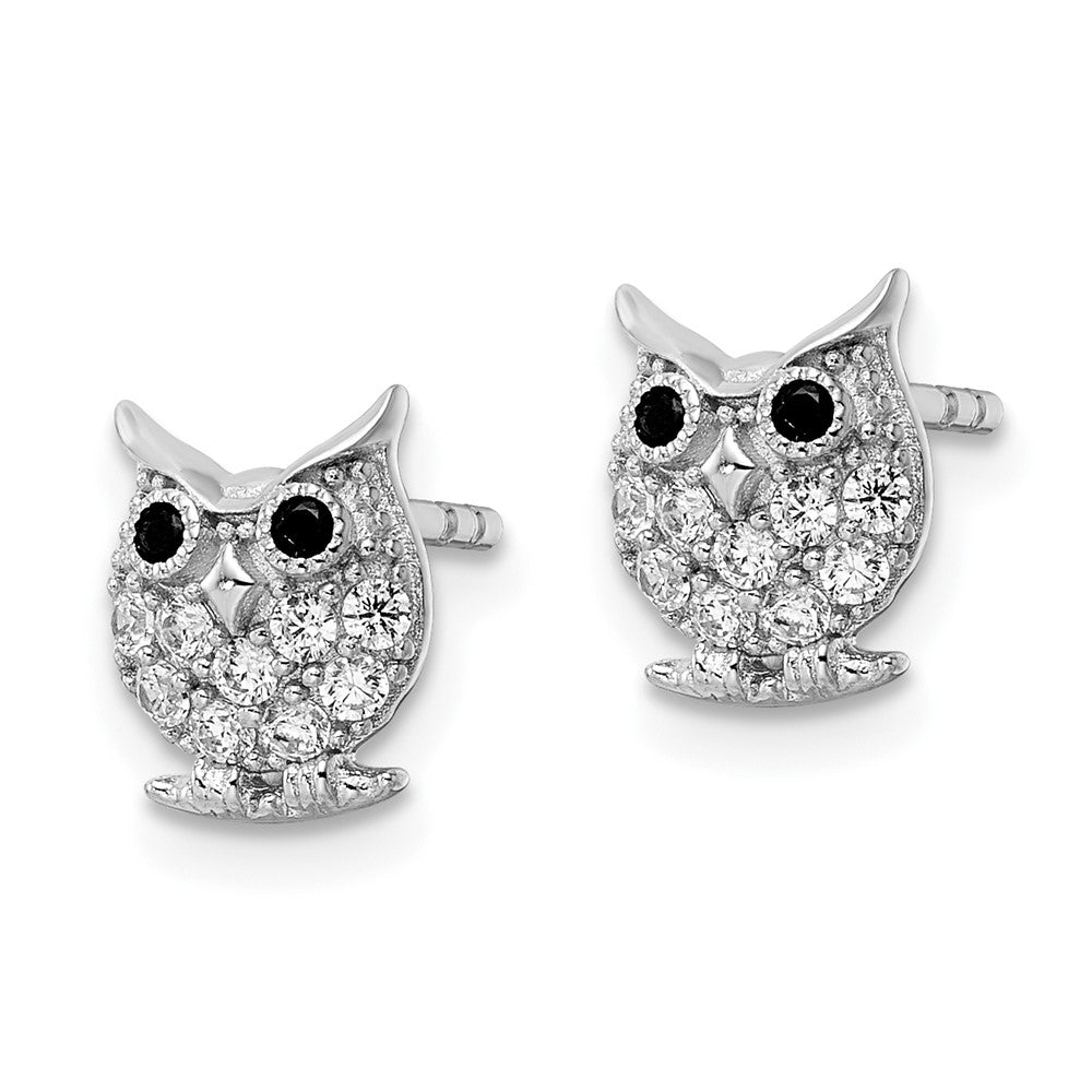 QE15782 Sterling Silver Rhodium-plated Black & White CZ Owl Post Earrings
