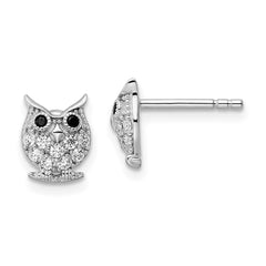 QE15782 Sterling Silver Rhodium-plated Black & White CZ Owl Post Earrings