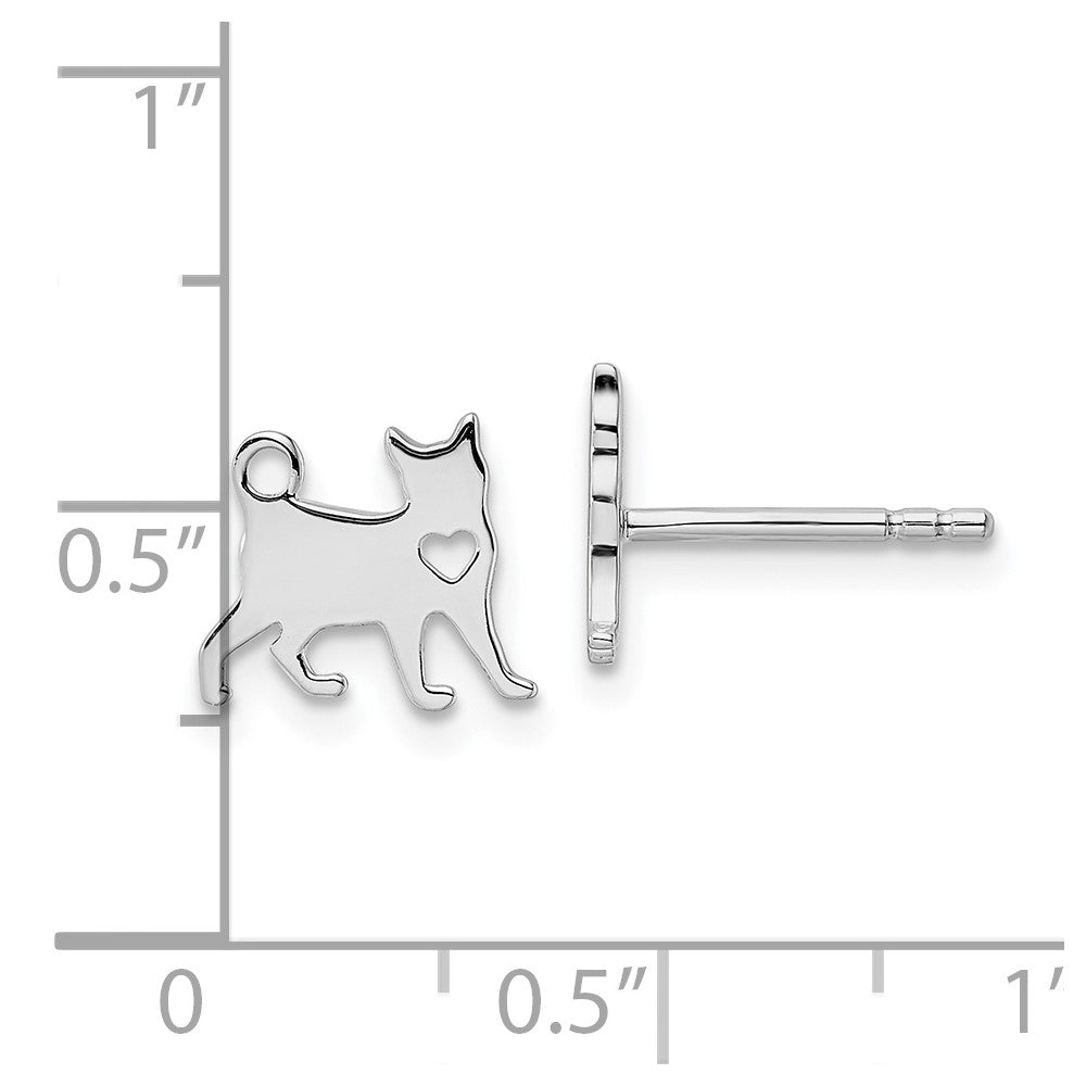 QE15785 Sterling Silver Rhodium-plated Cat w/Heart Post Earrings