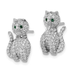 QE15788 Sterling Silver Rhodium-plated Polished Green & White CZ Cat Post Earrings