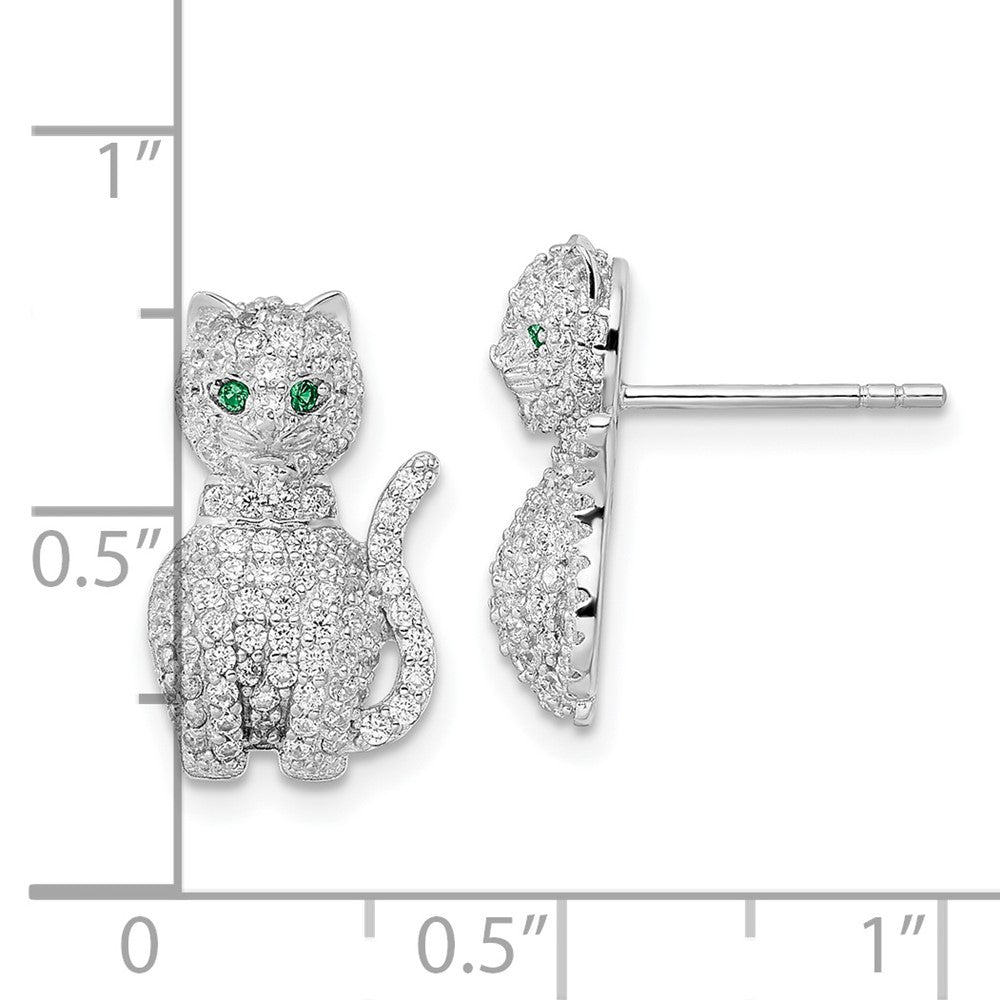 QE15788 Sterling Silver Rhodium-plated Polished Green & White CZ Cat Post Earrings